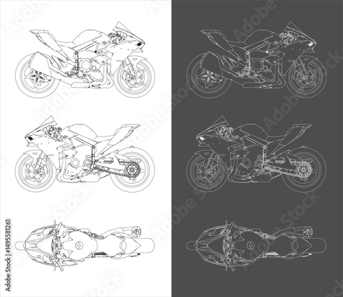 Sport motorcycle Hyperbike high performance  4 cylinder in-line DOHC 3D technical line drawing blueprint vector. Isolated on transparent background
