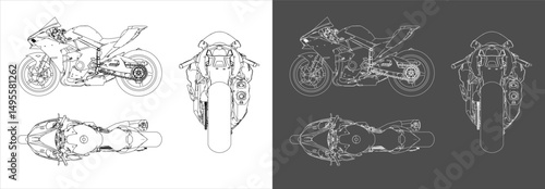 Set sport motorcycle Hyperbike high performance  4 cylinder in-line DOHC 3D technical line drawing blueprint vector. Isolated on transparent background