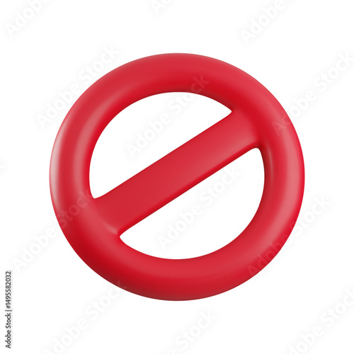 Vector Cartoon 3d Red prohibition sign isolated on white. Realistic 3d render of shiny round block icon with diagonal strip. Ban or stop entry mark, forbidden symbol for game, app, design, sticker.