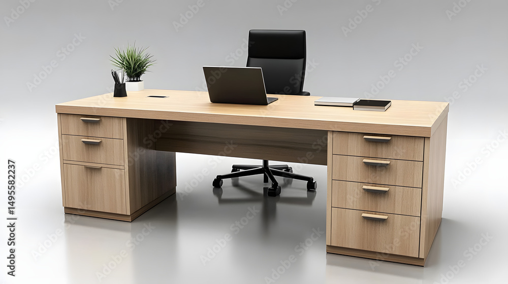 A light oak executive desk features a laptop, black chair, and ample drawers for storage. Clean lines and minimalist design. A light oak executive desk features a laptop, black chair, and ample drawers for storage. Clean lines and minimalist design.