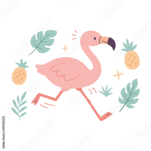 Happy pink cartoon flamingo running, surrounded by tropical leaves and a pineapple, creating a summery atmosphere. Summer vacation vibe. Vector flat illustration isolated on white.