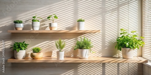 Sunlit Indoor Greenery Displayed on Wooden Shelves in a Room with Light-Colored Walls and Window Blinds