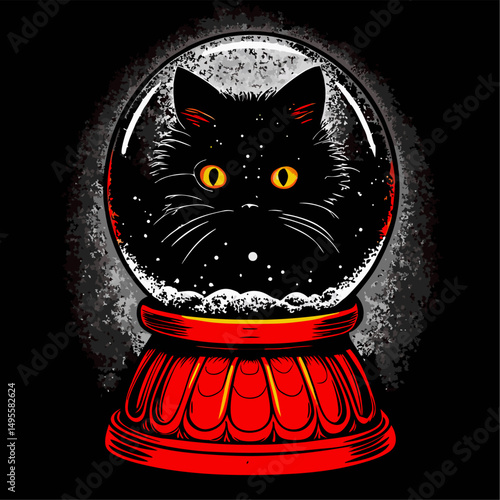 Enigmatic black cat inside a vintage snow globe