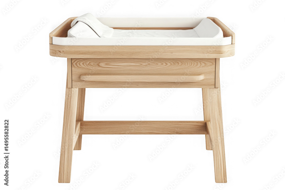 Fototapeta premium Wooden baby changing table with drawer nursery furniture baby station organizer diaper changing station baby care essential isolated on transparent background