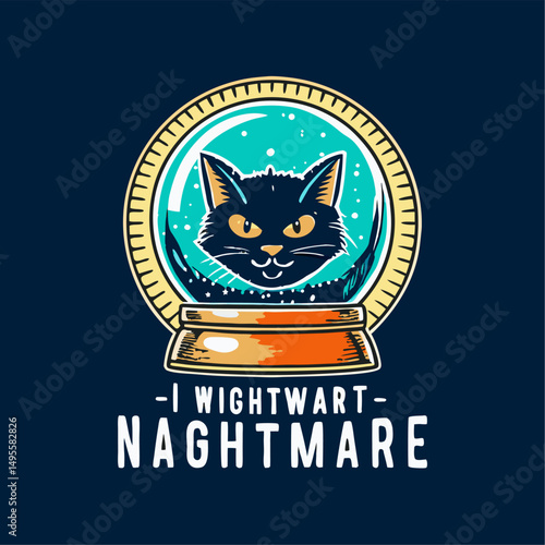 A black cat inside a mystical snow globe nightmare design