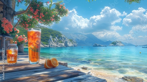 Vibrant summer cafe on wooden pier, refreshing drinks
