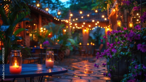 Vibrant summer mocktail garden setup, cozy lights