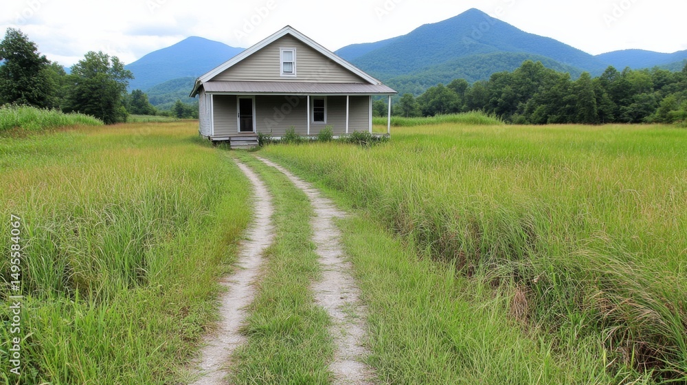 A small house with a porch sits in a lush green field with mountains in the background A small house with a porch sits in a lush green field with mountains in the background