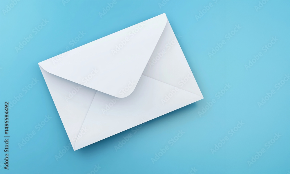 White blank envelope mockup on turquoise blue background White blank envelope mockup on turquoise blue background