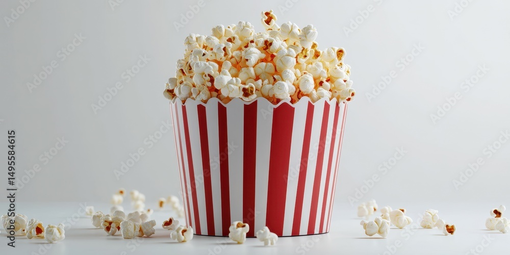 Freshly popped popcorn in a striped container on a neutral background with scattered kernels Freshly popped popcorn in a striped container on a neutral background with scattered kernels