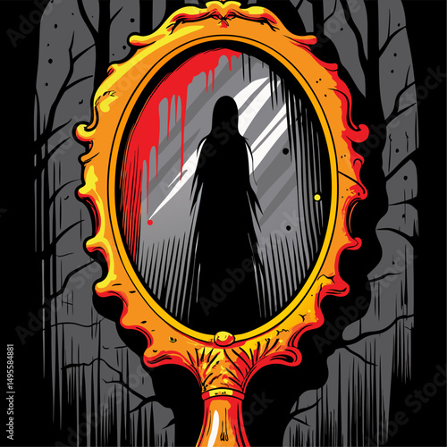 Bloody mirror reflection of a ghostly figure in the woods
