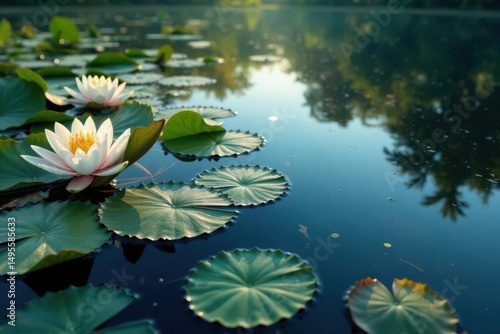 Water lilies form a floral pattern across a tranquil lake's surface, aesthetic, pond