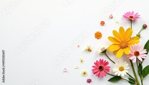 Delicate, scattered wildflowers on white background, illustration, minimal, texture