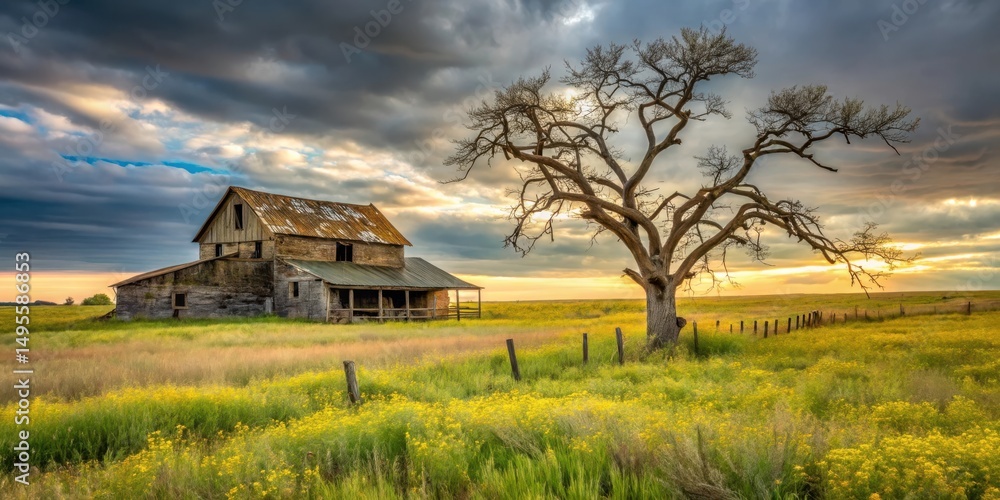 Serene Sunset Landscape Featuring a Rustic Old Farmhouse and a Barren Tree in a Vibrant Wildflower Meadow Serene Sunset Landscape Featuring a Rustic Old Farmhouse and a Barren Tree in a Vibrant Wildflower Meadow
