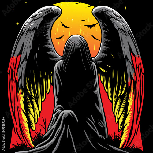 Silhouette of an angel with aboriginal flag wings at sunset