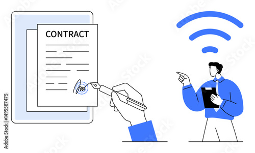 Hand signing a digital contract using a stylus on a device while a person communicates remotely. Ideal for business, technology, remote work, collaboration, communication, digital services, flat