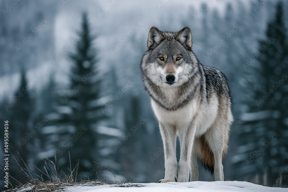 Naklejka premium Lone Gray Wolf Standing on Snowy Hill with Forest Background