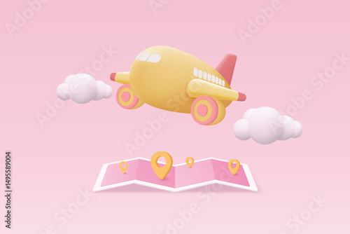 3D pin map with flight plane travel tourism trip planning world tour. Tourism plane trip planning world tour with pin location on holiday summer concept. 3d vector airplane render illustration