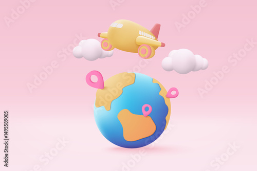 3D globe pin map with flight plane travel tourism trip planning world tour. Tourism plane trip planning world tour with pin location on holiday summer concept. 3d vector airplane render illustration
