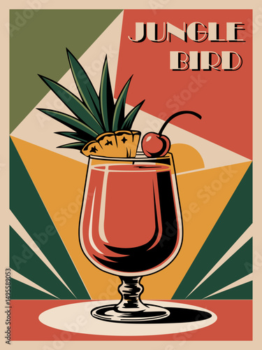 Retro Jungle Bird cocktail poster in mid-century modern style. Vintage drink art print with classic bar aesthetic. Perfect for kitchen, bar, restaurant wall decor
