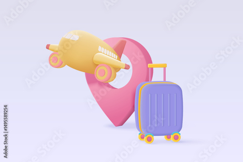 3D suitcase and location point marker of map, flight plane travel tourism on cloud background. navigation for travel planning world tour with plane direction. 3d GPS pin vector render illustration