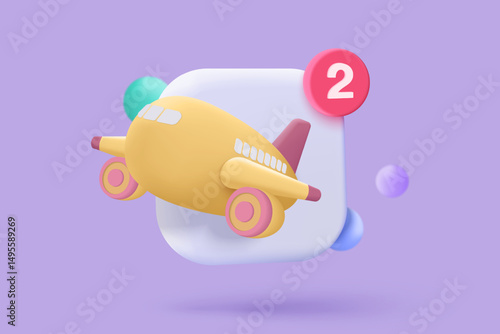 3D plane icon with notification alert speech bubble, online social conversation comment push notice cartoon concept, airplane app icon, chat with social media. 3d reminder render vector illustration