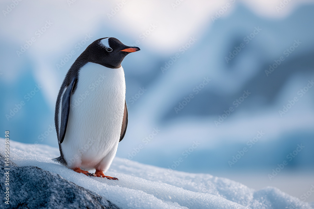 Fototapeta premium Solitary Penguin Standing on Snowy Rock with Icy Background