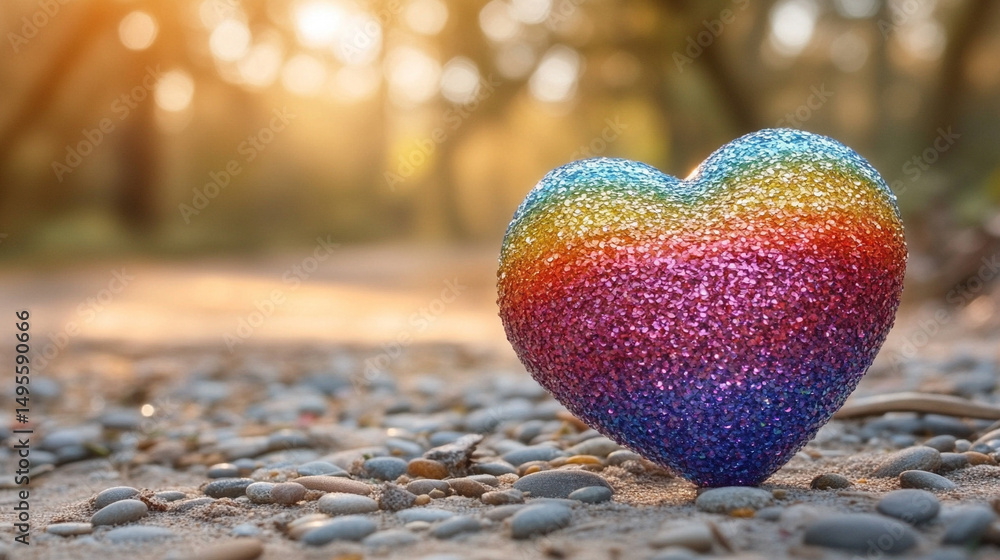 Fototapeta premium Shiny 3D rainbow heart radiating love and inclusivity, placed against a softly blurred background. Symbol of pride, unity, and beauty. Caption space available on the side for messaging.
