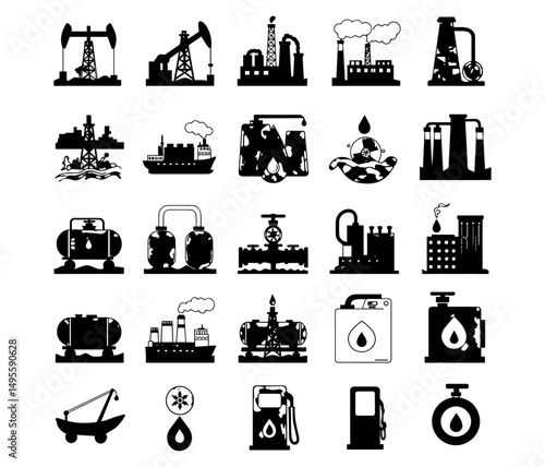 Industrial factory vector icons set with black silhouettes of oil, construction, energy, and transport symbols