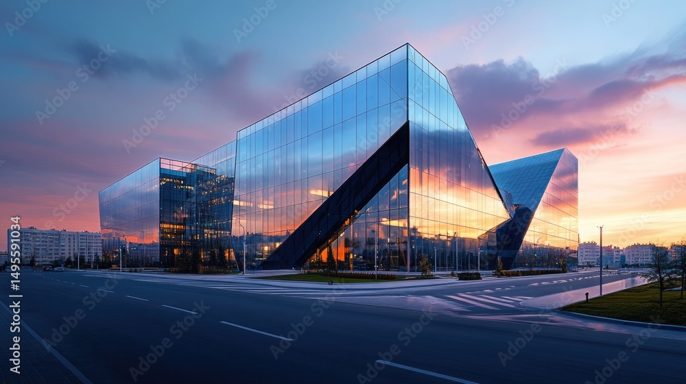 Obraz premium Modern Glass Office Buildings Reflecting Sunset Sky in Urban Landscape Setting
