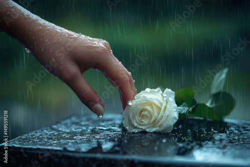 A hand gently places a white rose on a wet tombstone in the rain. This emotional scene conveys mourning, remembrance, and loss