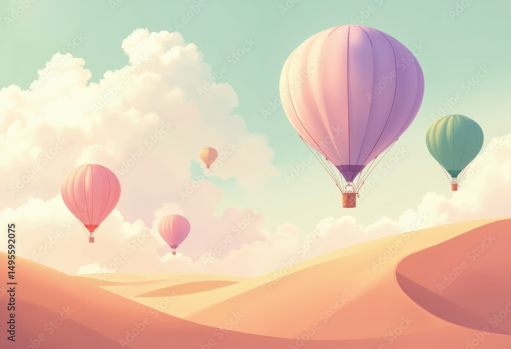 Fototapeta premium Colorful hot air balloons floating over serene desert dunes