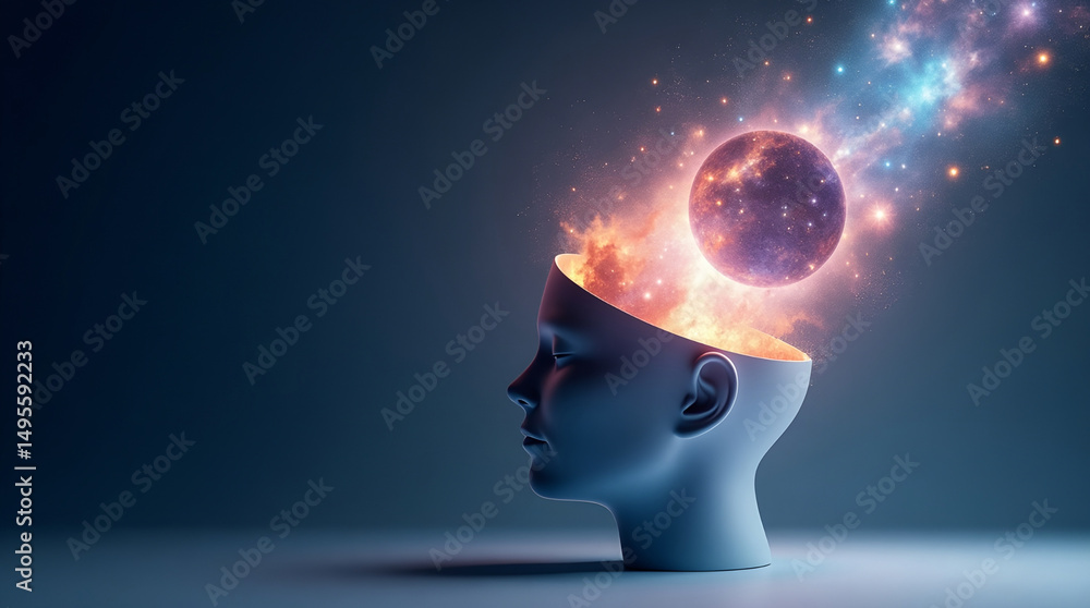 Obraz premium Human Mind with Expanding Universe Inside Head – Concept of Cosmic Intelligence