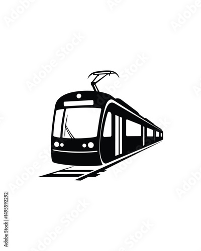 Black and White Illustration of a Modern Tram on Tracks with Overhead Wires