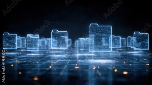 Abstract network grid with files and folders, futuristic software interface, digital document management system, store, search and organize documents, corporate business, paperless office	
