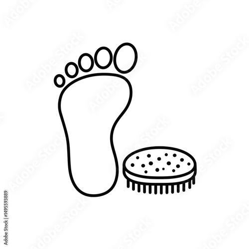 Outline of a foot next to a exfoliating foot scrub tool. Black and white icon in minimalistic line design. Editable SVG  