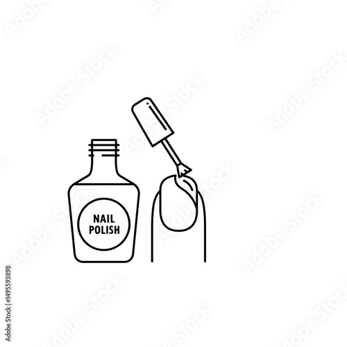 Nail polish bottle with brush applying polish on fingernail  . Black and white icon in minimalistic line design. Editable SVG