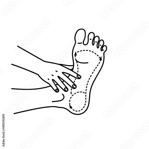Hand applying pressure to foot in reflexology illustration. Black and white icon in minimalistic line design. Editable SVG