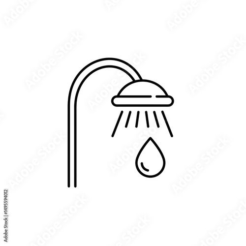 Showerhead with water droplet.  Вlack and white icon in minimalist line design. Editable SVG