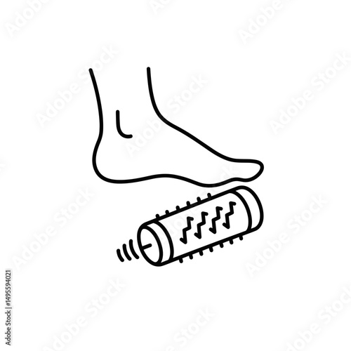 Foot on massage roller for relaxation and physical therapy.   Editable SVG