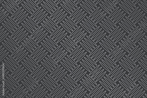 Dark gray diamond-plate metal texture with light gray crisscross pattern. Overhead view, seamless industrial background for grunge, machinery, or rugged design projects. Neutral lighting.