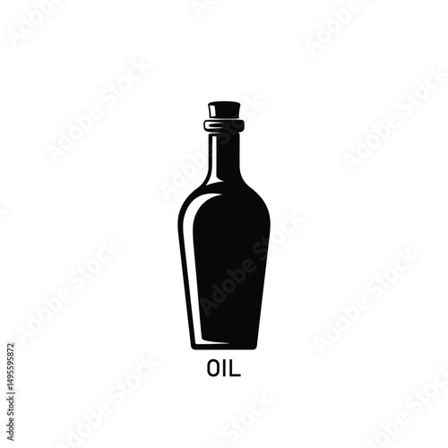 Black and White Oil Bottle Illustration Classic Design with Cork Stopper Detail