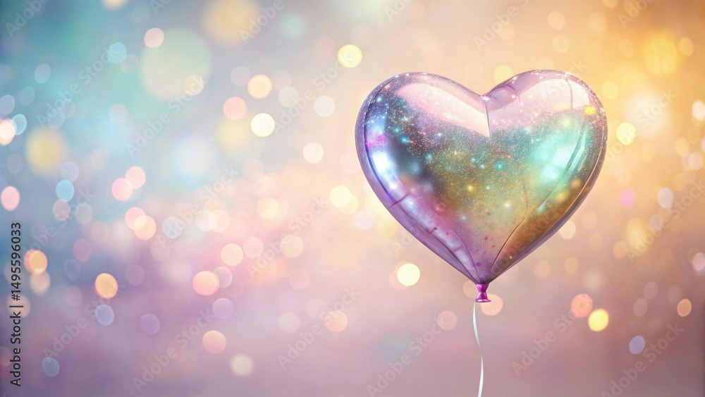 A shimmering heart-shaped balloon floats against a backdrop of soft, pastel bokeh lights, creating a dreamy and romantic ambiance. A shimmering heart-shaped balloon floats against a backdrop of soft, pastel bokeh lights, creating a dreamy and romantic ambiance.