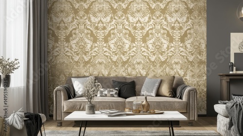 Ornate wallpaper design in a living room setting.