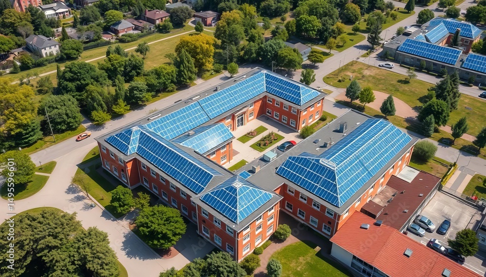 Fototapeta premium Aerial view of school campus with solar panels on rooftops, bird's eye view, eco