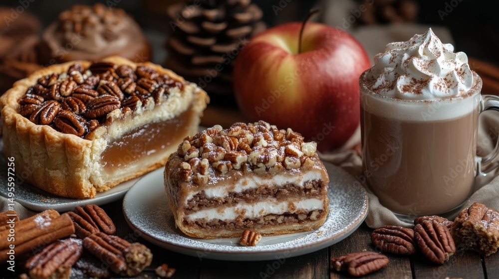 Two desserts on plates with a cup of coffee thanksgiving desserts Two desserts on plates with a cup of coffee thanksgiving desserts
