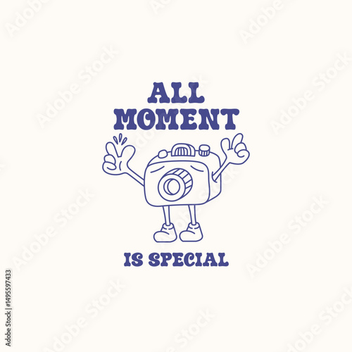 Retro line art cartoon mascot of camera, photography logo vector illustration