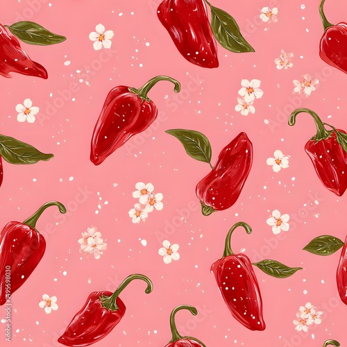 Vibrant Red Peppers and Delicate Flowers Pattern Pink Background Illustration