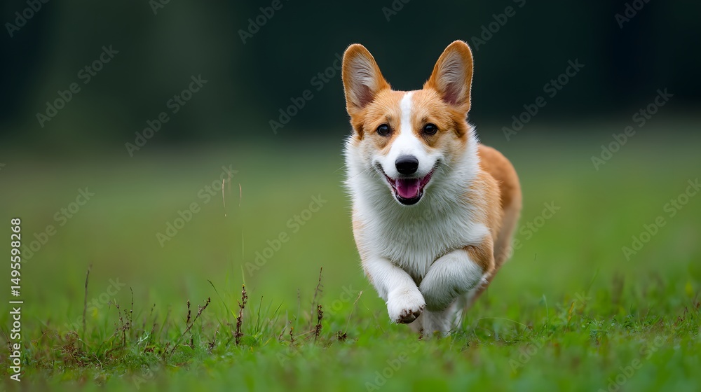 Happy Corgi Running in a Green Meadow A Joyful Dog Photo Happy Corgi Running in a Green Meadow A Joyful Dog Photo