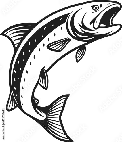 Jumping Salmon Fish Silhouette Design Illustration. Silhouette Design of a Jumping Salmon Fish. Salmon Fish Silhouette Artwork in Action. Dynamic Jumping Salmon Silhouette Design